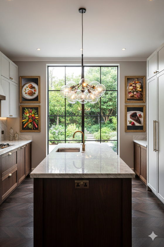 Modern kitchen with a central island, satin brass clear globe pendant light, and large window.