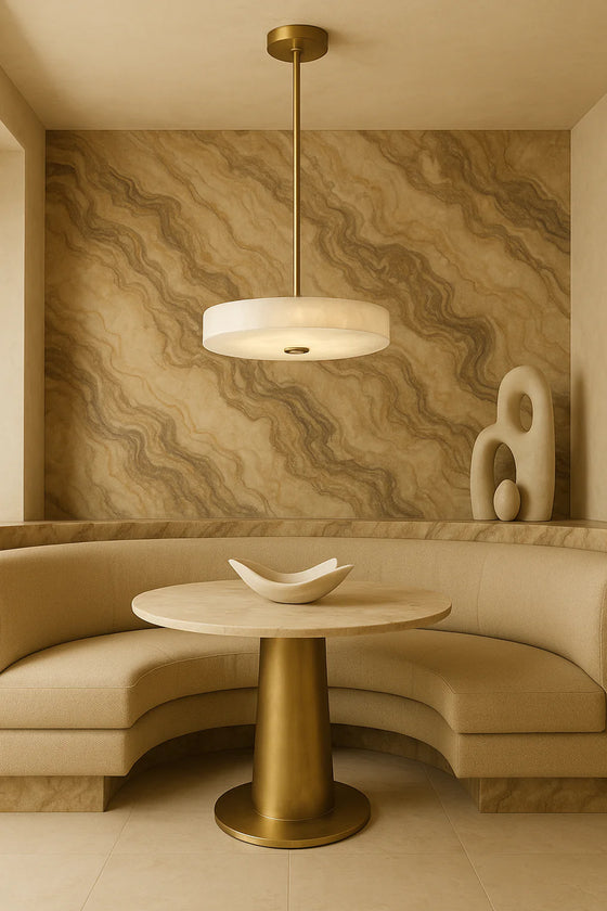 Modern interior design with a round table, beige sofa, and abstract sculpture against a marble-patterned wall. Satin Brass alabaster pendant LED. 
