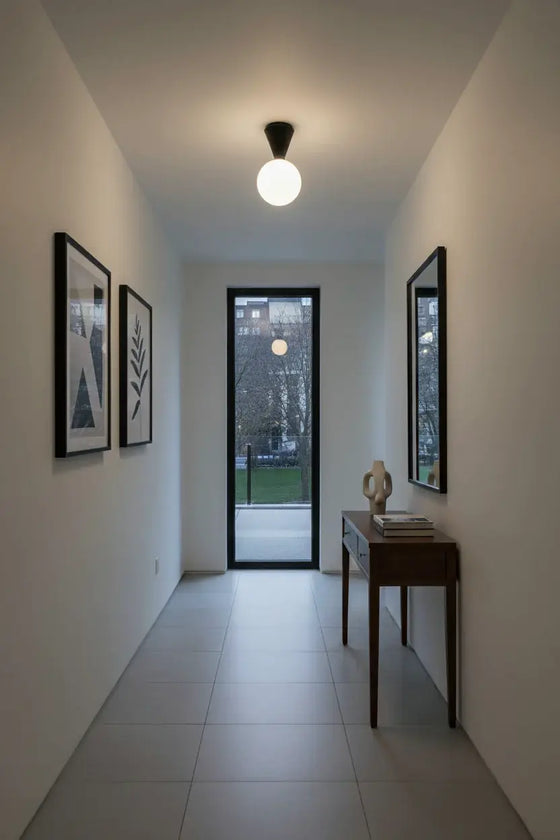 Modern hallway with framed pictures, a small table, and a glass door leading outside. Ceiling light matte black with frosted globe LED. 