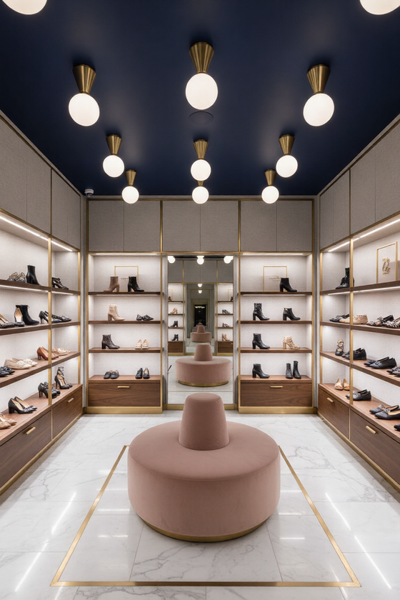 Modern shoe store interior with shelves displaying shoes, a central pink ottoman, and decorative satin brass ceiling lights.