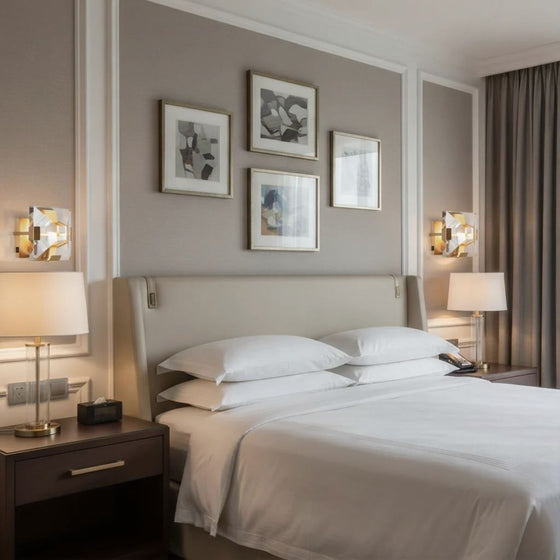 Neatly made bed in a bedroom with framed pictures on the wall and lamps on nightstands with satin brass and glass wall sconces.