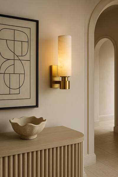 Ashton Alabaster Wall Sconce – handcrafted alabaster shade with satin brass backplate.