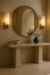 Natural stone wall sconce providing ambient glow – artisan-crafted alabaster fixture. Satin Brass LED. 