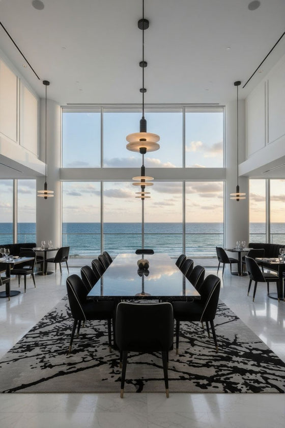 Modern dining room with large windows overlooking the ocean. Alabaster LED pendant. Brushed Dark Pewter Finish.