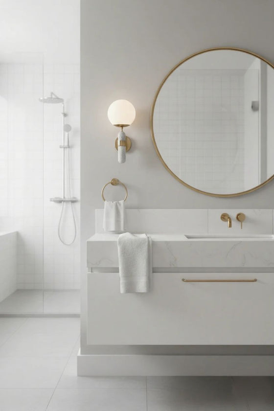 Modern bathroom with round mirror, white towels, and satin brass fixtures. Sconce concrete design.