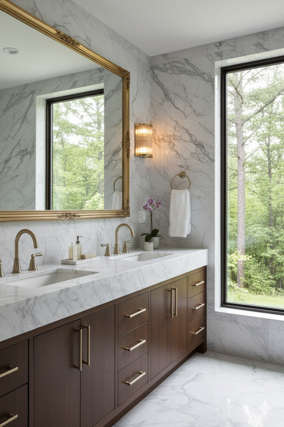 Bathroom with marble countertop, wooden cabinets, and large window with view of trees. satin brass sconce with clear glass