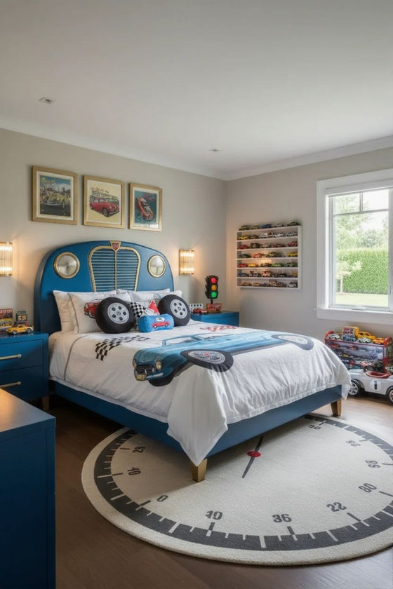 Children's bedroom with blue bed, race car theme, and toys. Satin brass sconce with clear glass. 
