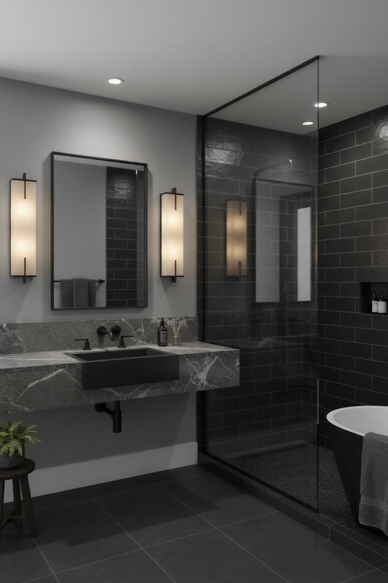 Modern bathroom with dark tiles, a sink, and a mirror. matte black alabaster LED wall sconces.