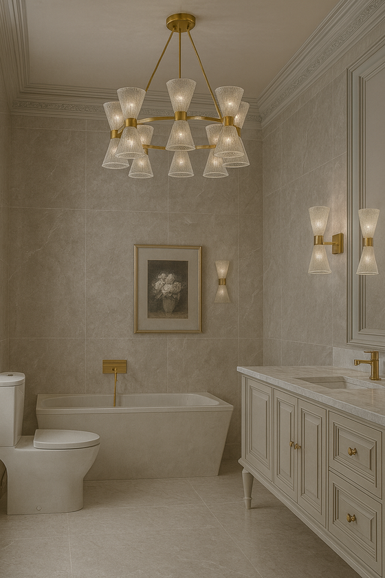 Luxurious bathroom with matching chandelier and sconces satin brass with clear glass, bathtub, and vanity.