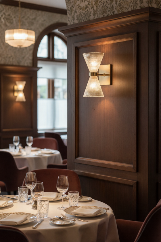 Dining area with table settings and satin brass glass wall lights in a restaurant.