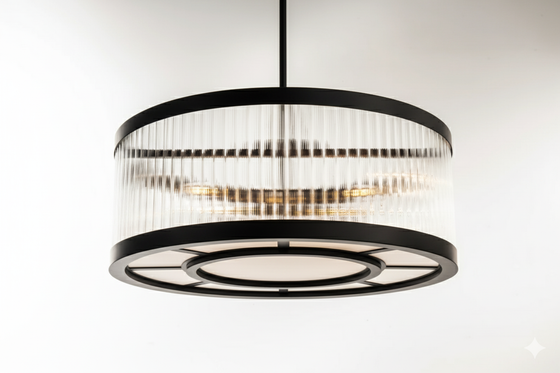 Modern pendant light with black frame with satin brass and clear glass on a white background