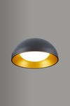 Ceiling LED light fixture with black outer shell and gold inner lining on a gray background