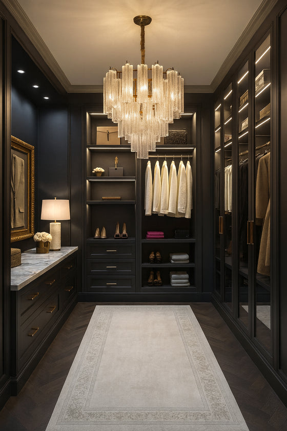 Luxurious walk-in closet with dark wood shelves, clothing, and a satin brass with water glass chandelier.