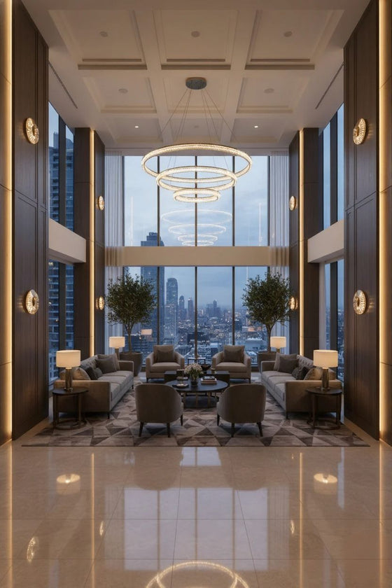 Luxurious lobby with modern furniture and large windows overlooking a cityscape. Glass LED sconce.