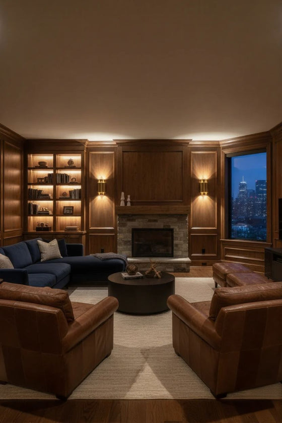 Luxury home theater with leather chairs, a fireplace, and cityscape view. Gold Antique Sconce LED. 