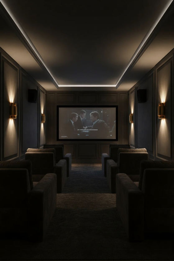 Dark home theater with a screen displaying two people, surrounded by comfortable seating. Gold Wall sconce, LED. 