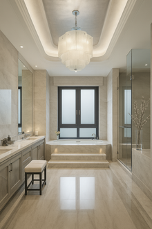  Modern bathroom with a large bathtub, sink, and shower area. Chandelier, chrome, glass