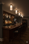 Dark bar with wooden counter and stools, dimly lit ambiance, satin brass LED ceiling light.
