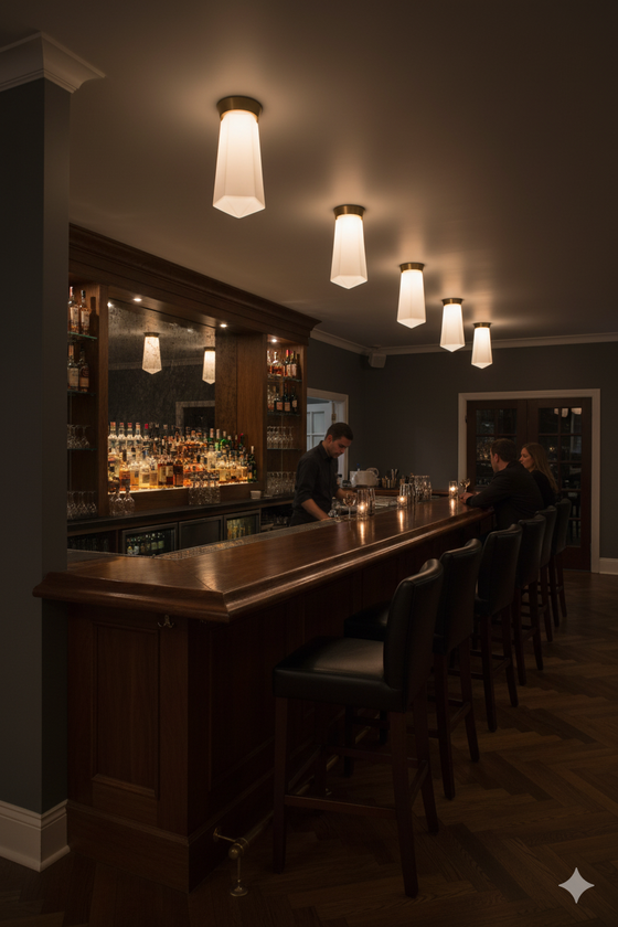 Dark bar with wooden counter and stools, dimly lit ambiance, satin brass LED ceiling light.