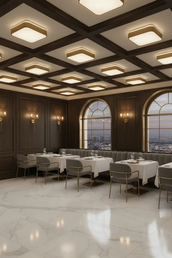 Luxurious dining room with elegant decor and large windows. Square LED satin brass ceiling lights. 