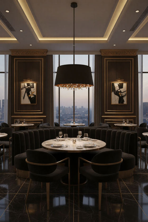 Luxurious dining room with round tables, chairs, and a large window view. pendant chandelier with black and gold fabric shade, black frame, glass ball accents