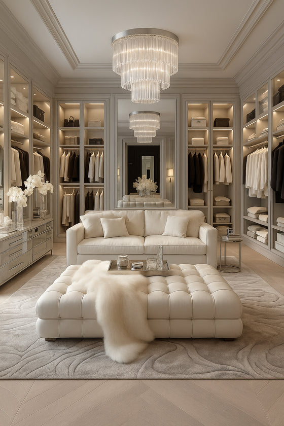 Modern walk-in closet with white furniture and decorative elements. Satin stainless steel finish, clear glass, LED chandelier pendant, close to ceiling mount. 