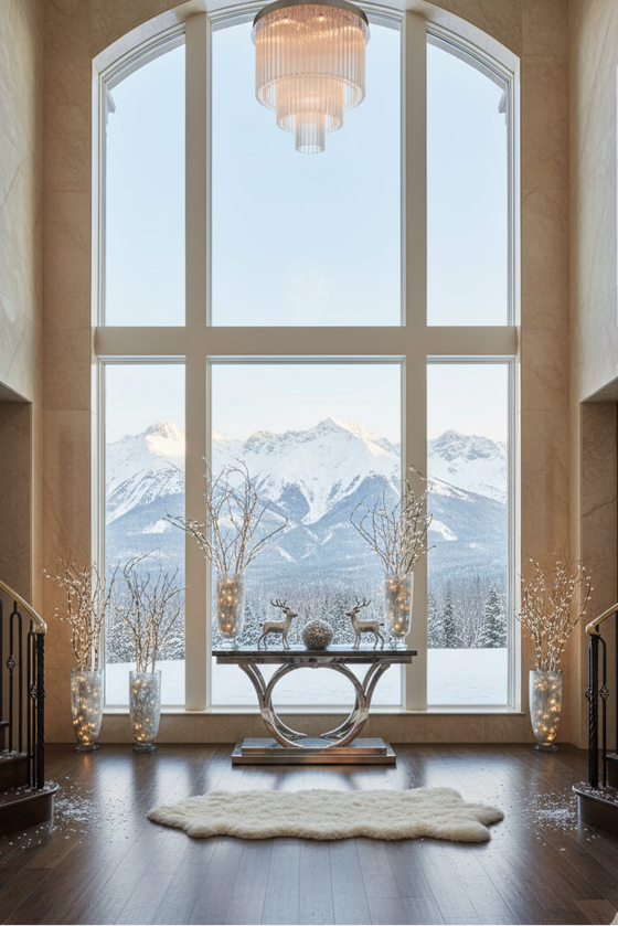 Luxurious interior with large windows showing a mountain view with Ceiling Mount satin stainless steel with clear glass chandelier