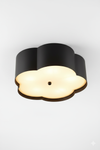 Ceiling light fixture with black outer shell and white inner shade on a white background
