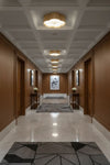 Luxurious hallway with wooden walls, a satin brass metal ceiling light fixture, and decorative elements.