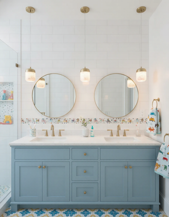 Bathroom with blue vanity, round mirrors, and decorative tiles. LED Alabaster satin brass pendant.