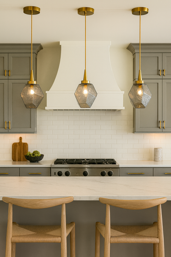 Modern kitchen with satin brass and smoke glass pendant lights, stove, and island chairs.