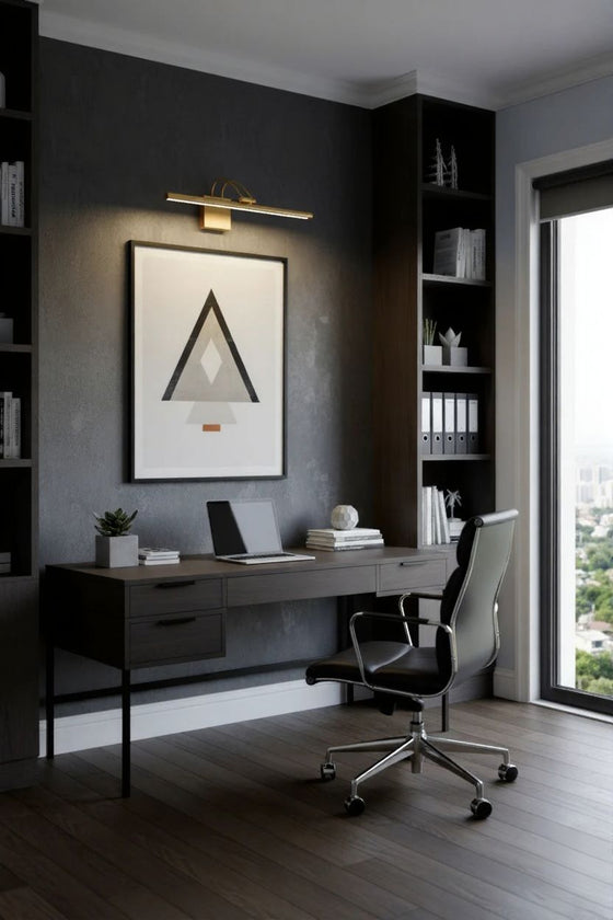 Modern home office with dark gray walls, a desk, chair, and decor. LED wall sconce, plug-in or hardwire.