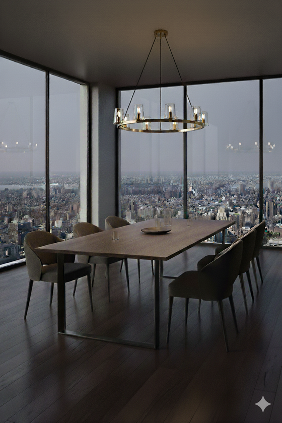Modern dining room with a large window view of a cityscape, featuring a satin brass and glass chandelier and wooden table.