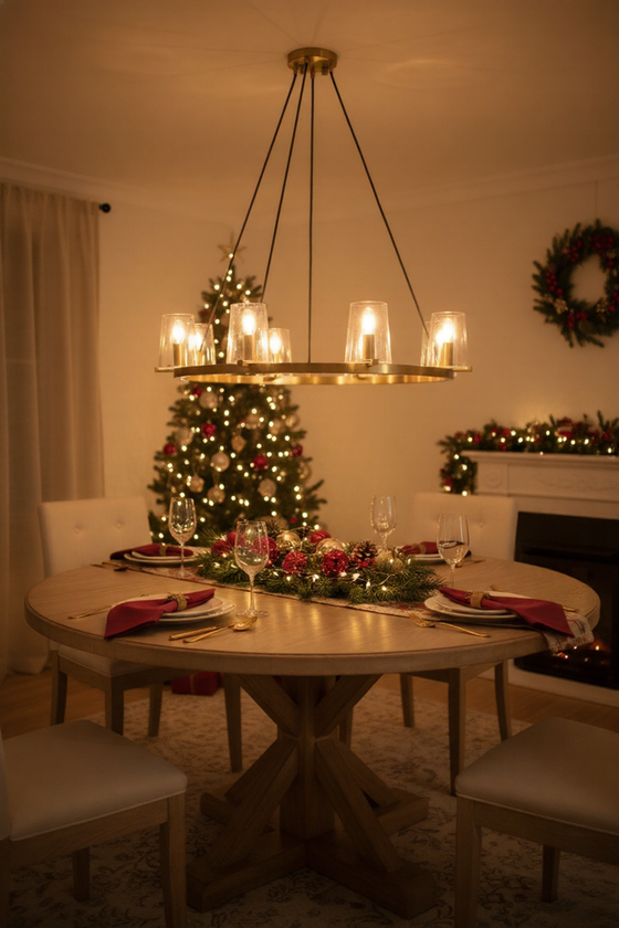 Dining room with a table set for a meal, Christmas tree, and wreath in the background. Satin brass with clear glass chandelier.