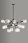 Modern matte black LED chandelier with white lampshades on a gray background