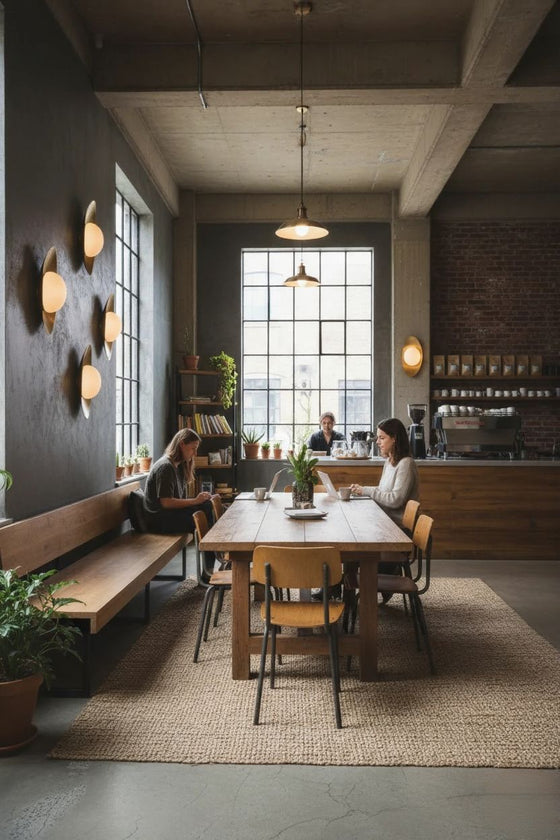 Dining area with wooden table and chairs in a modern interior setting. Satin brass LED wall sconce.