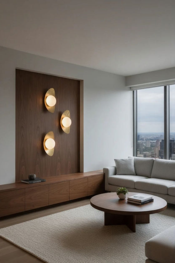 Modern living room with wooden wall panel, round coffee table, and city view. Satin brass LED sconce.