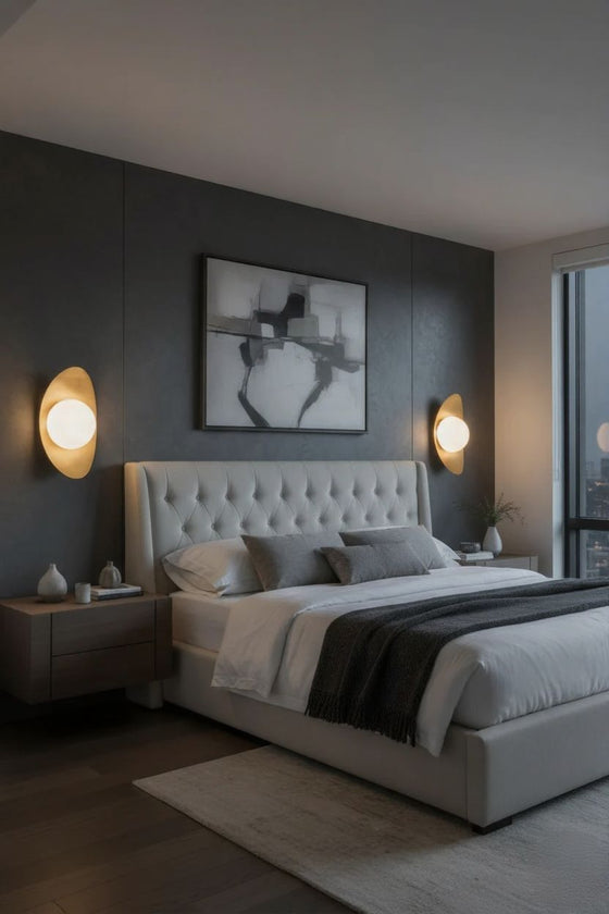 Modern bedroom with a bed, nightstands, and wall art in a dimly lit room. Satin Brass LED white glass sconce.