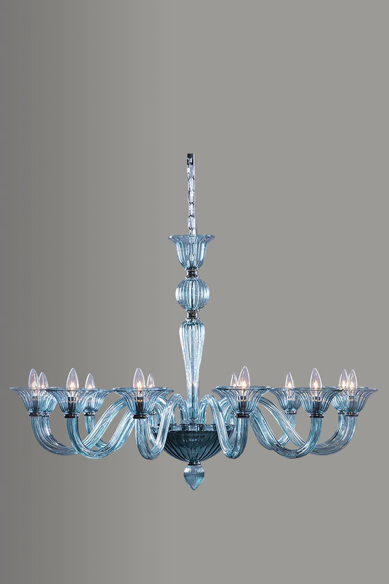 Blue glass chandelier on a gray background