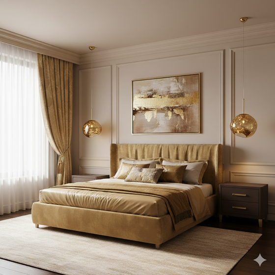 Luxurious bedroom with beige bed, matching headboard, and decorative wall art. Satin brass with gold shade pendant.