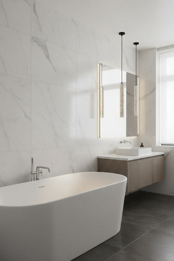 Terrazzo pendant Modern bathroom with a freestanding bathtub, sink, and mirror.