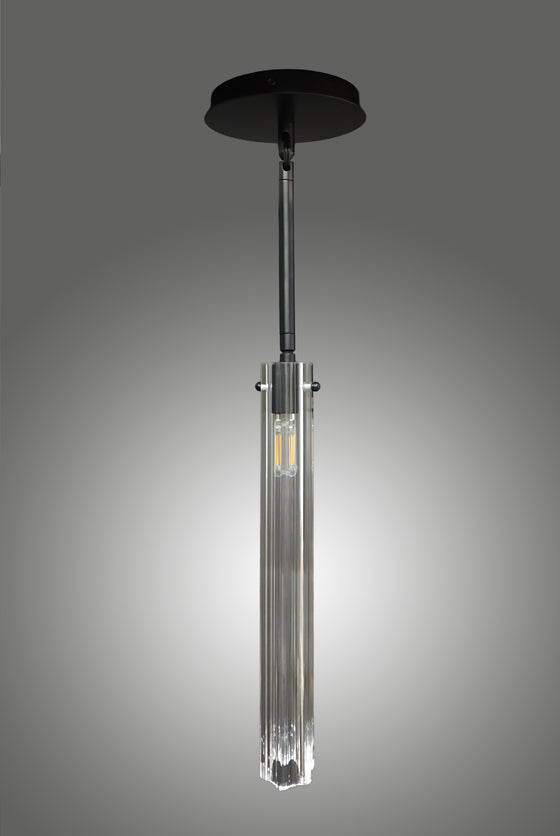 Matte Black Pendant light fixture with a cylindrical design on a gray background