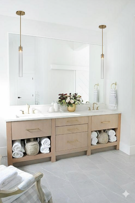 Satin Brass Pendants Bathroom with a large vanity, mirror, and decorative elements.