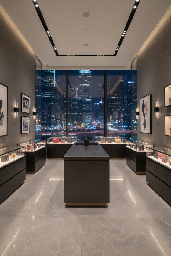 Modern purse botique  with cityscape view from large windows and sconces in matte black with clear glass. 