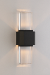 Modern wall-mounted light fixture in matte black with clear glass design on a neutral background