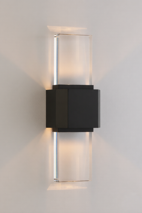 Modern wall-mounted light fixture in matte black with clear glass design on a neutral background