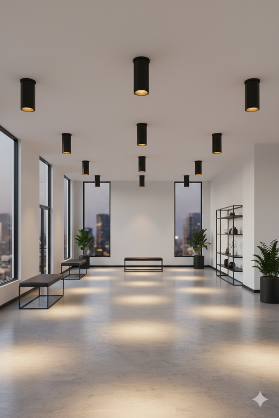Matte Black DownLight Modern interior design with black pendant lights, benches, and large windows.