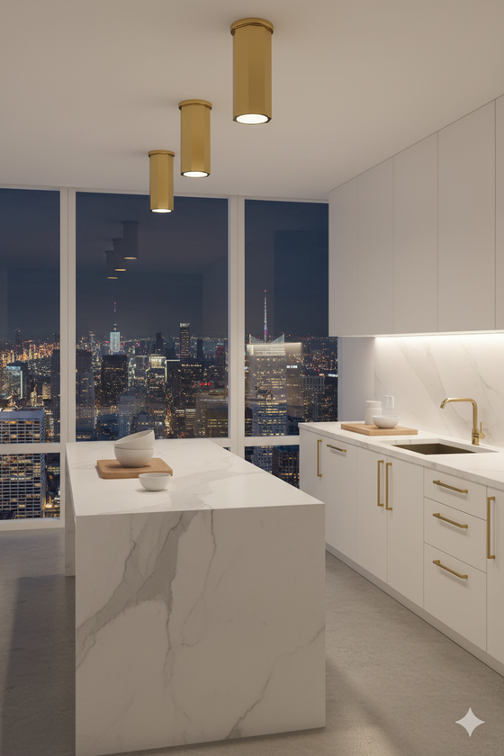 Downlight Satin Brass Modern kitchen with marble island and city skyline view