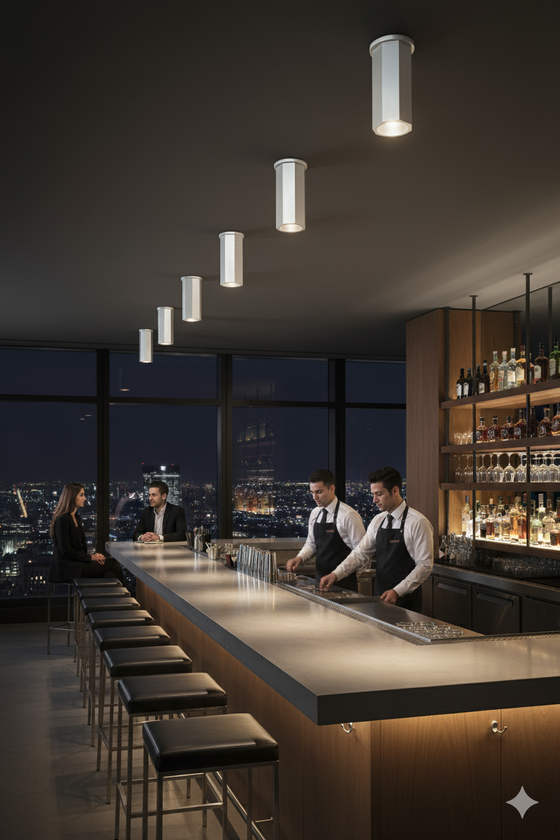 Silver Finish Downlight Modern bar with city skyline view at night