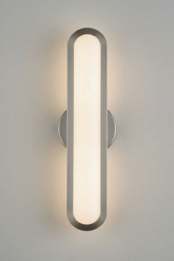 Satin Nickel Sconce Modern wall-mounted light fixture on a gray background